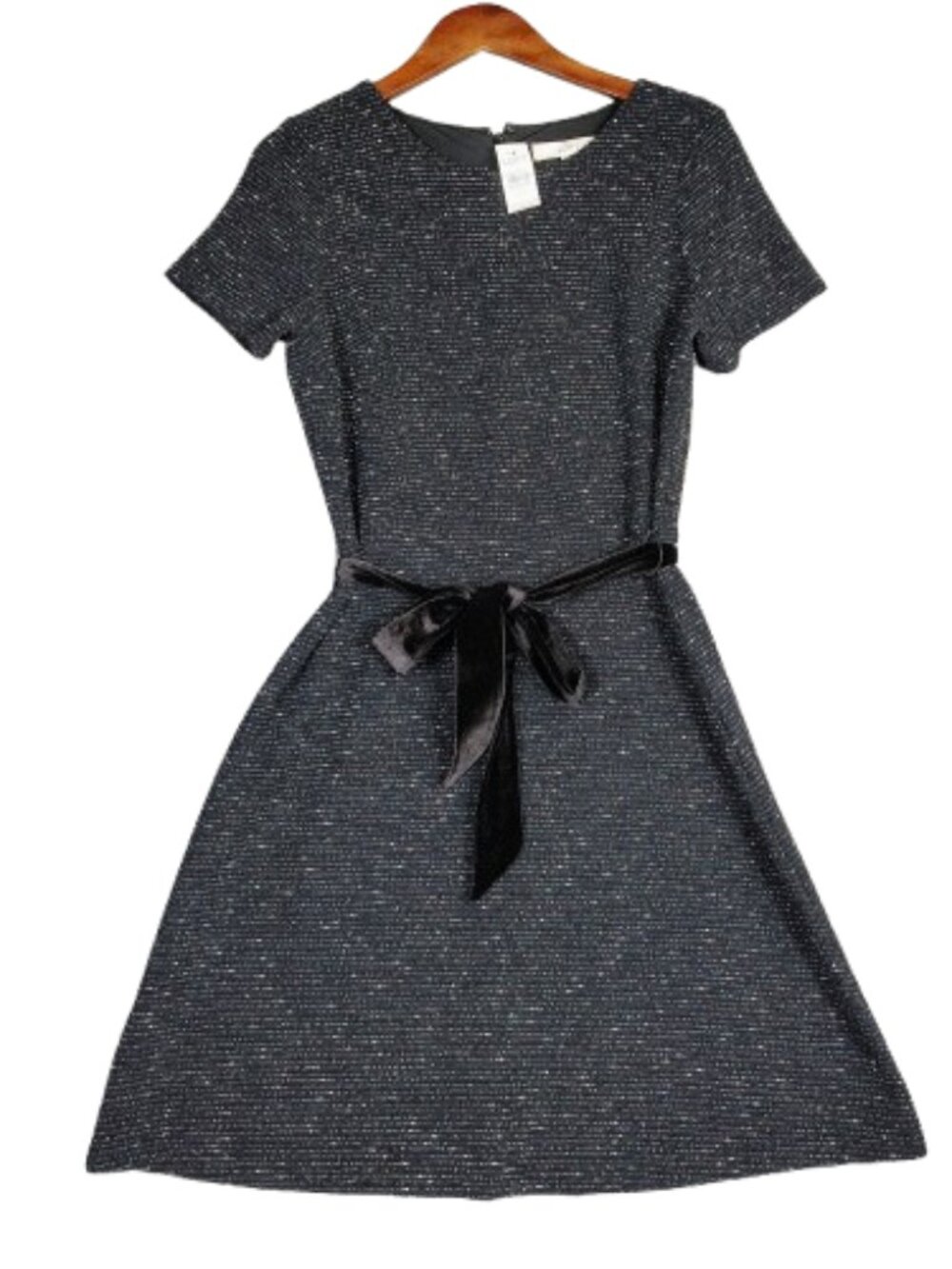 LOFT Dress Women's 8T Black White Specks Textured Short Sleeve Belted Waist NWT